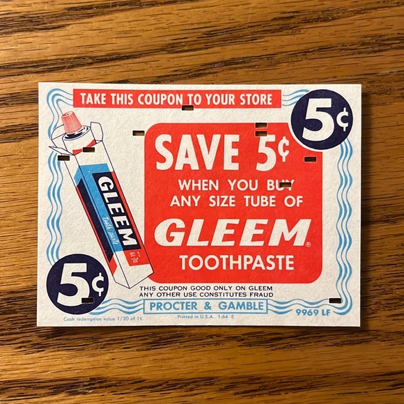 VTG 60s Gleem Toothpaste Keypunch 5c Coupon / Advertisement - 1964 Ephemera - Picture 1 of 3
